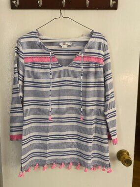 Vineyard Vines Blue & White Striped Cotton Gauze Pink Tassels Tunic - S